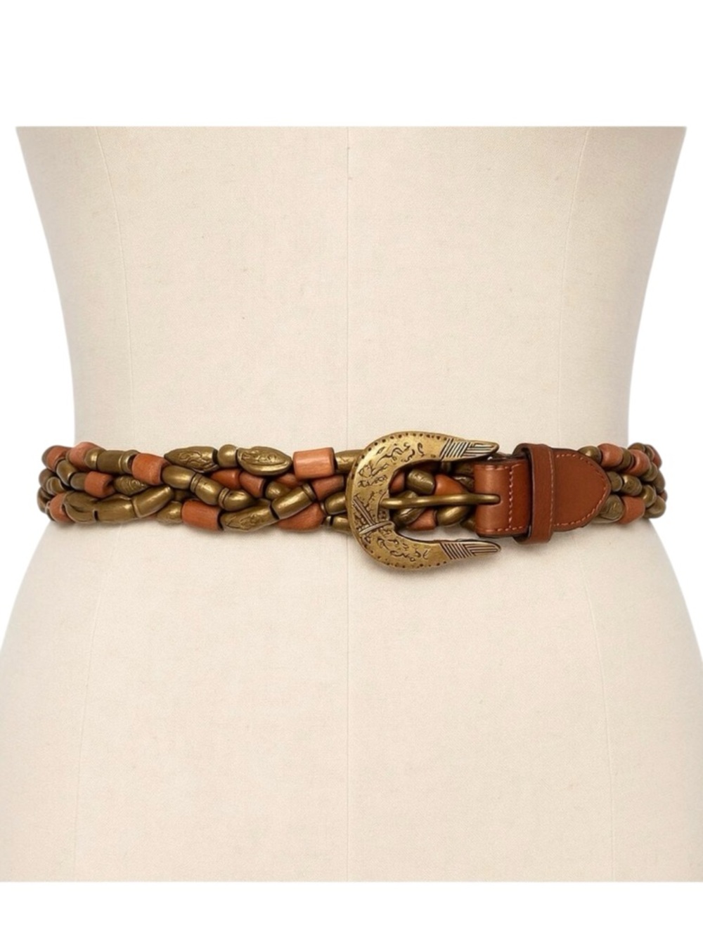 Genuine Leather Beaded Brown Belt Boho Antique Gold & Wood Beads Size S